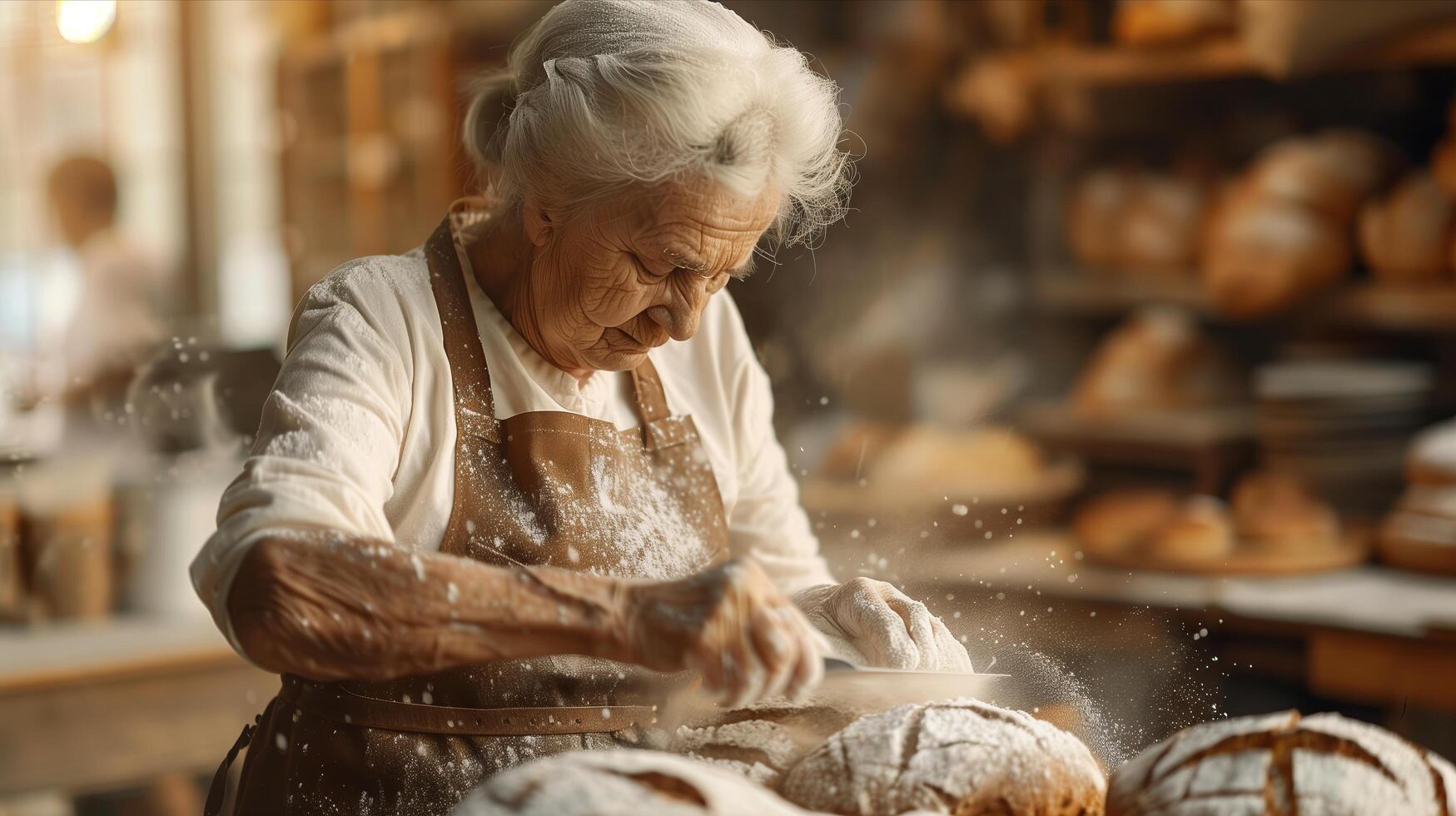 An elderly woman is making bread in a bakery photo