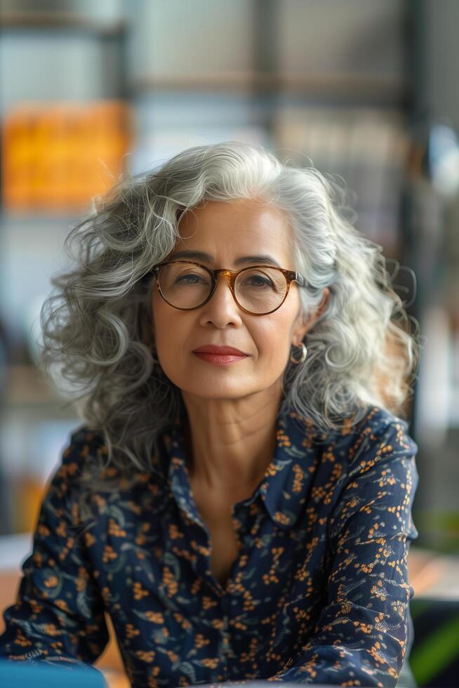 Portrait of a mature woman with grey hair and glasses photo