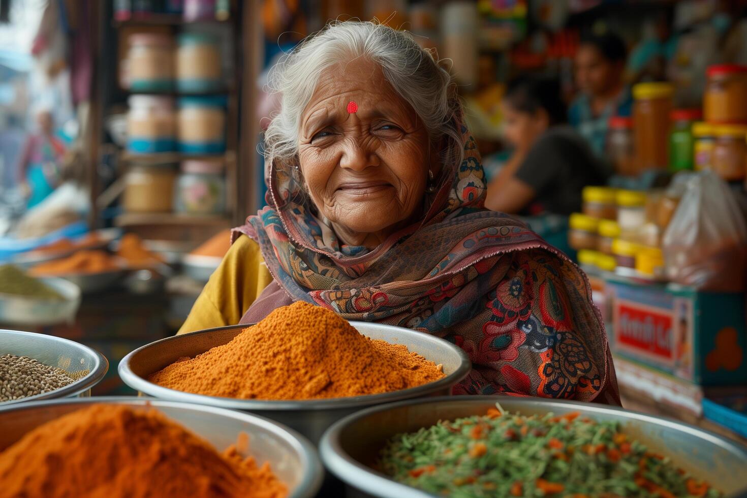 An elderly woman is smiling in front of bowls of spices photo