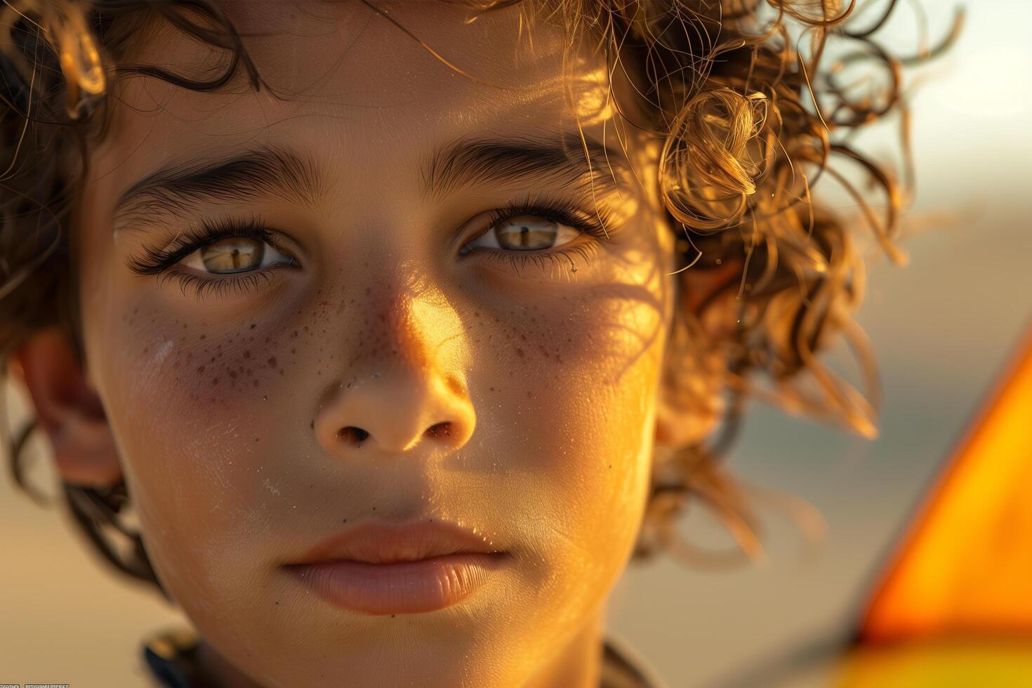 A close up of a young boy with curly hair photo