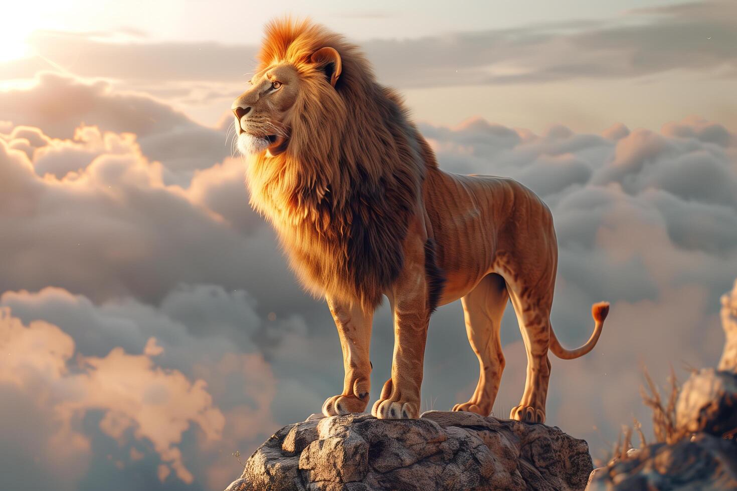 A lion stands on top of a mountain with clouds in the background photo