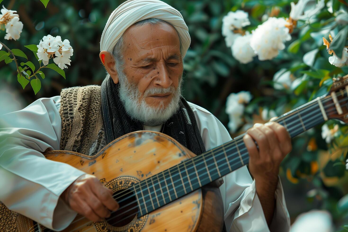 An old man playing a guitar in front of flowers photo