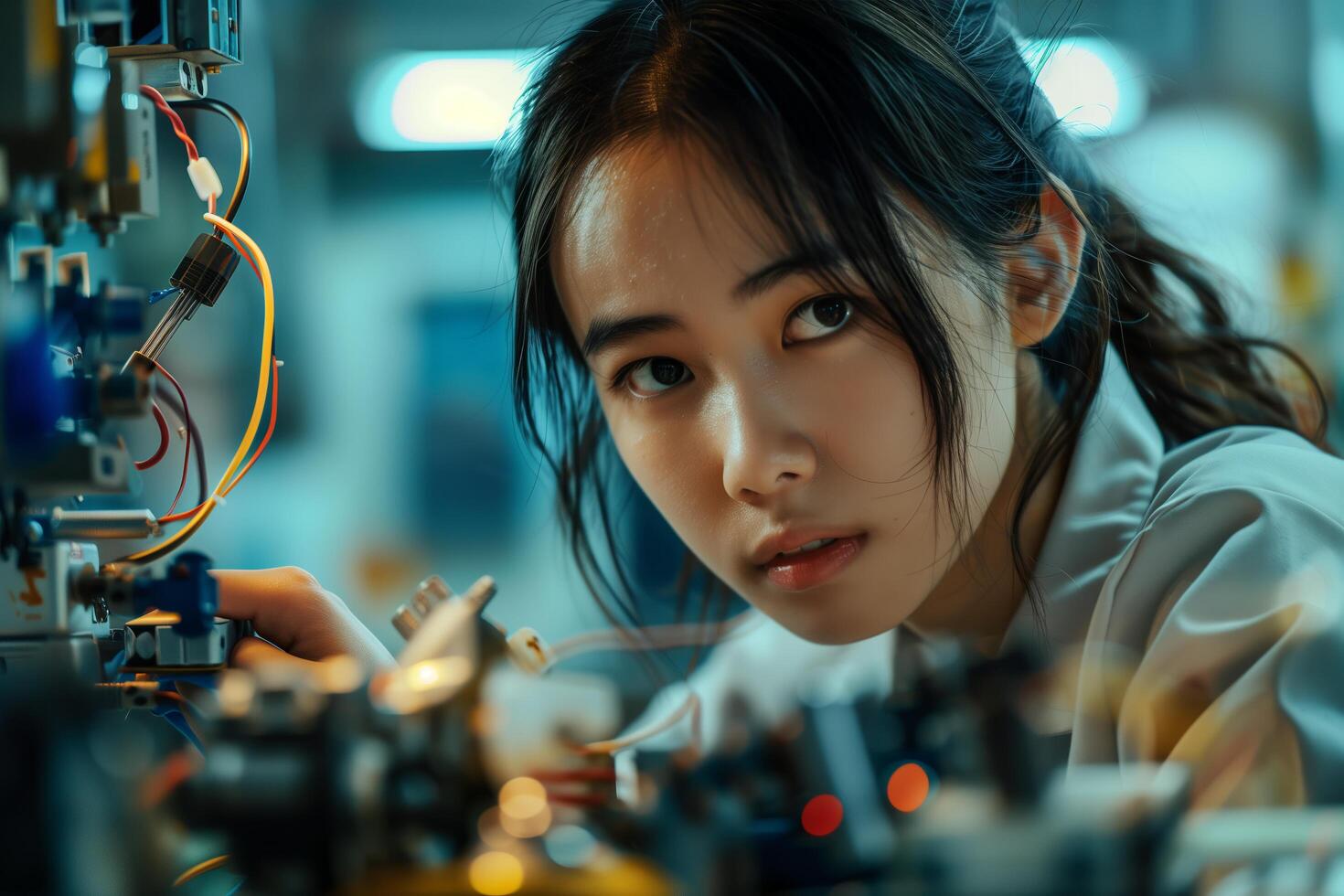 A woman working on a machine in a factory photo