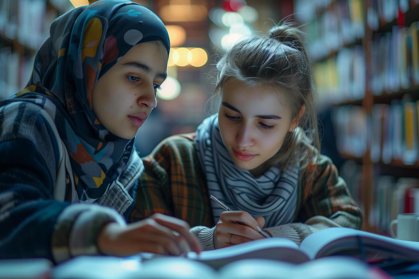 Two young women in hijab studying in a library photo