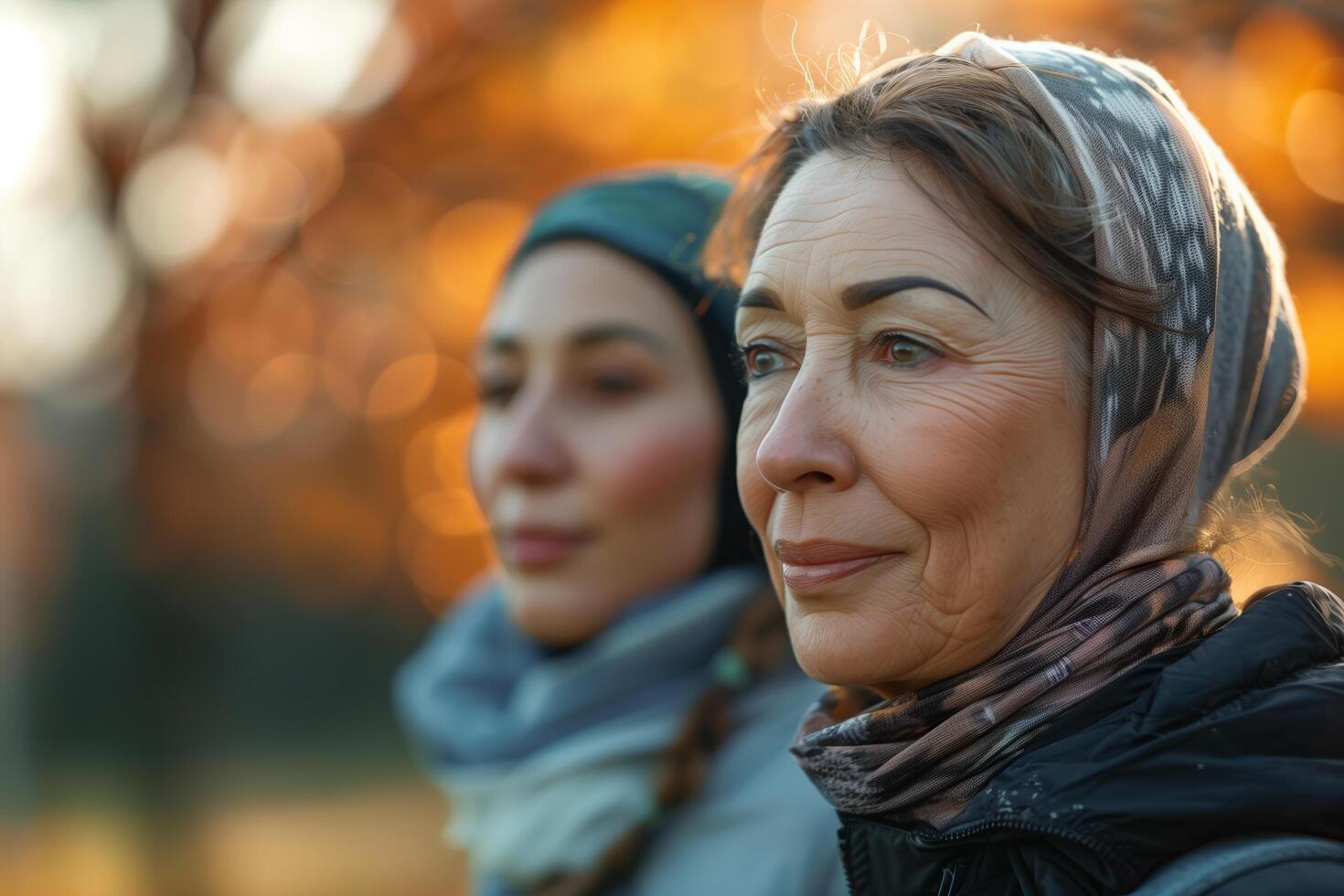 Two women wearing headscarves in the fall photo