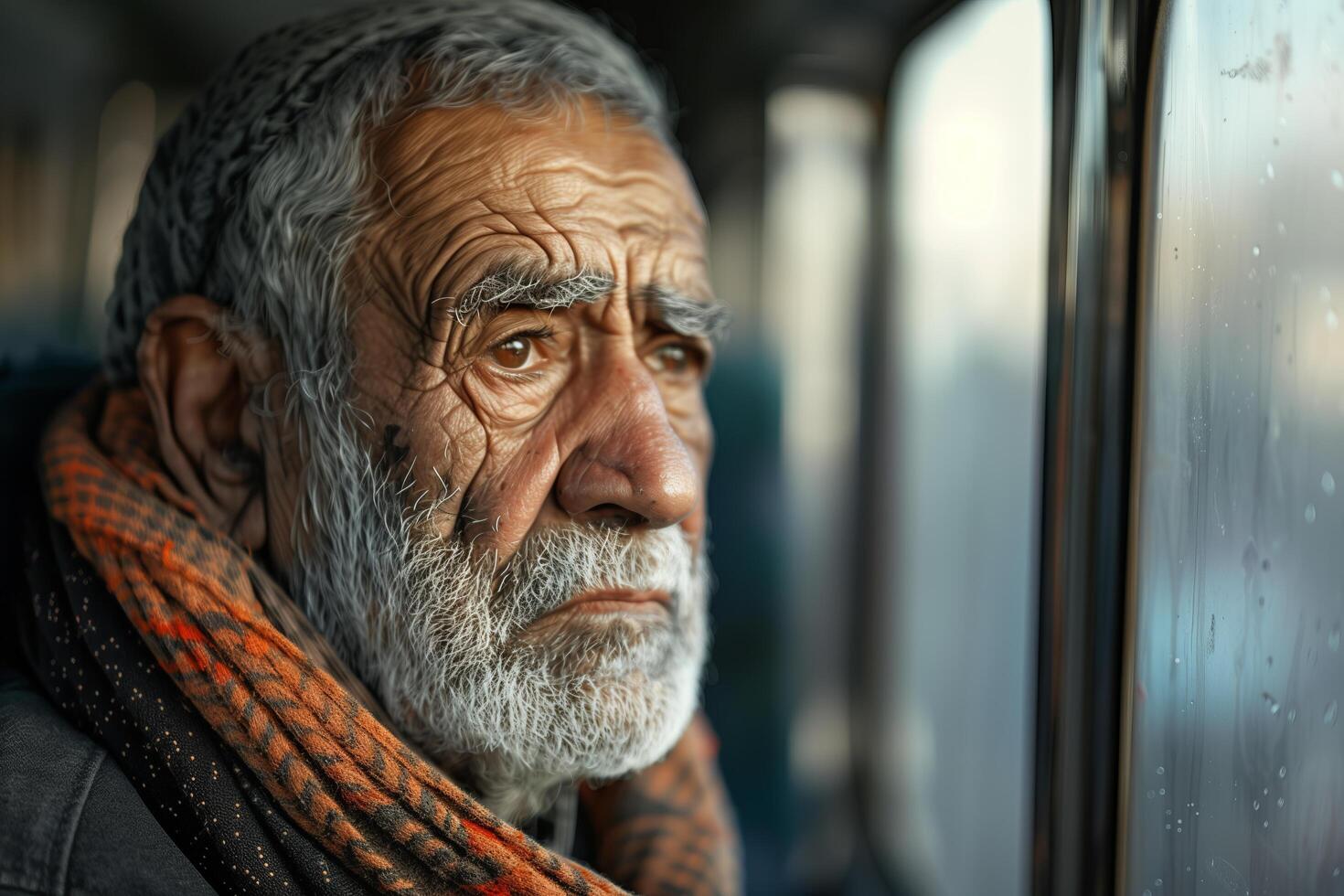 An old man sitting on a train looking out the window photo