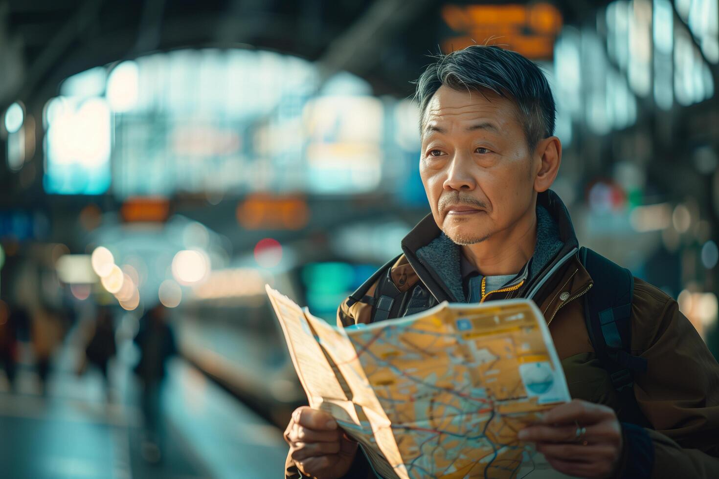 An asian man is looking at a map while standing in a train station photo