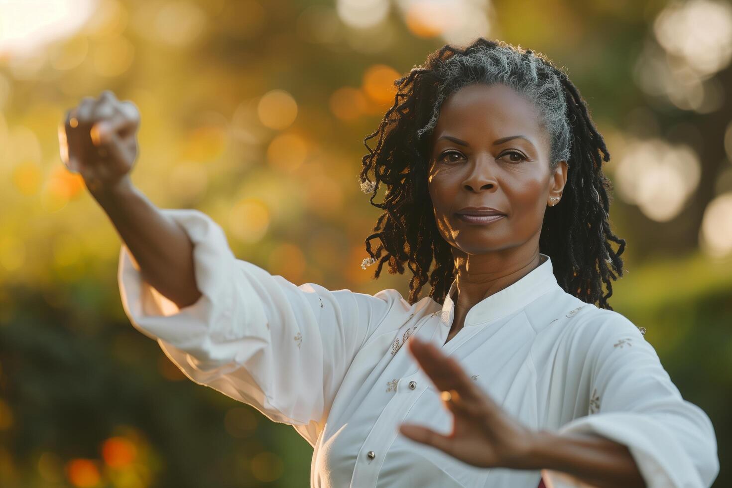 A woman in a white shirt is doing a karate move photo
