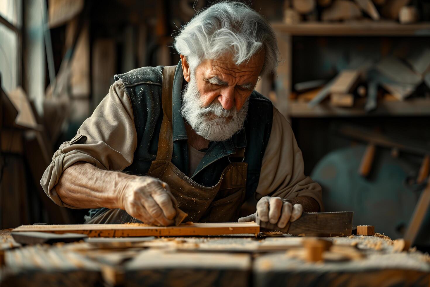 An old man working on a wooden table photo