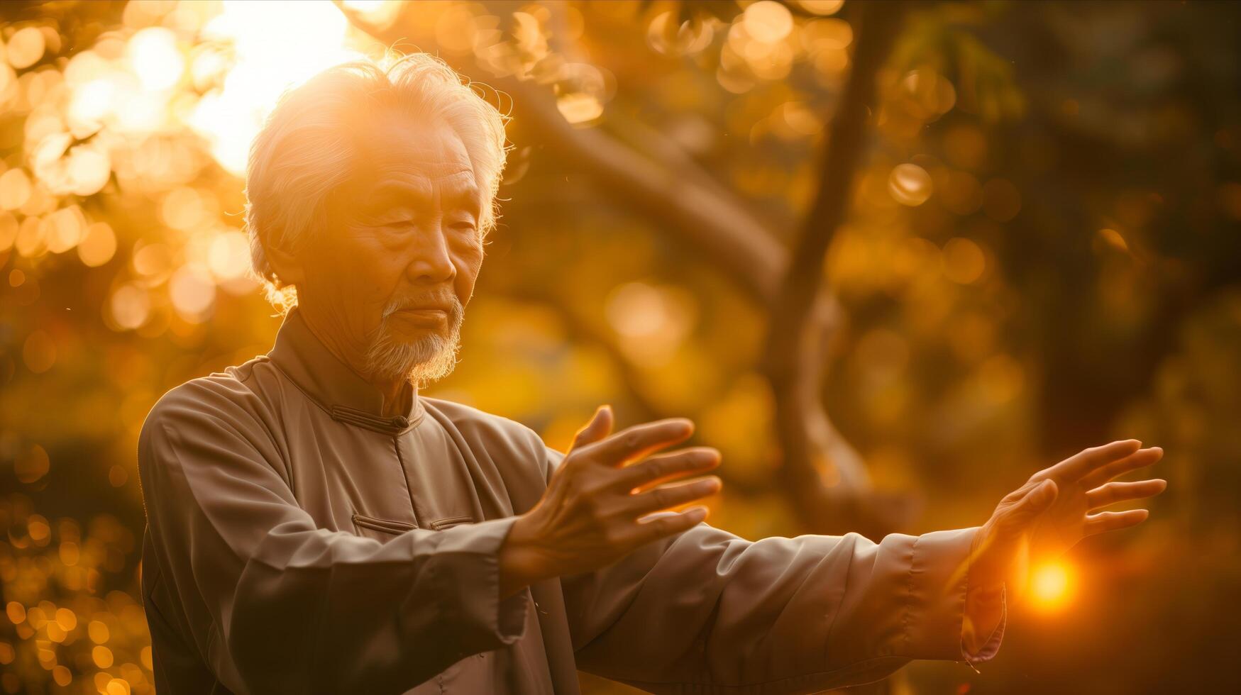 An elderly man is practicing tai chi in the sun photo