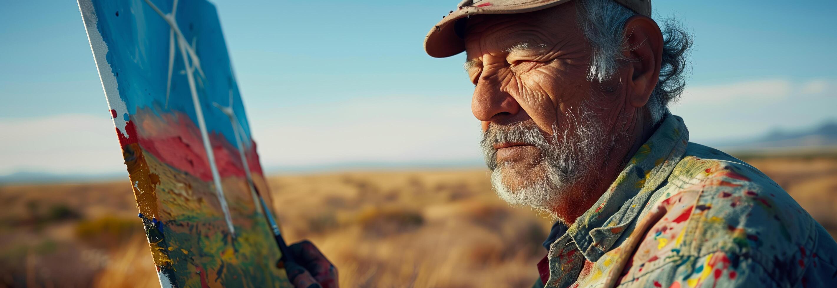 An older man holding a paintbrush in a field photo