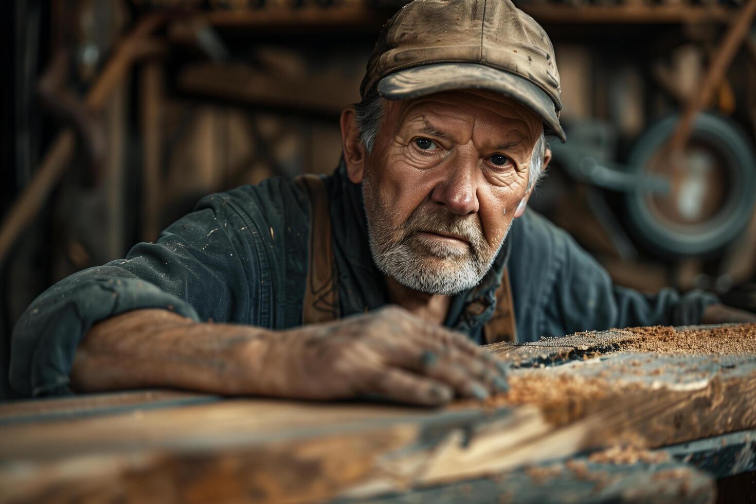 An old man in a hat and cap sitting at a table with wood photo