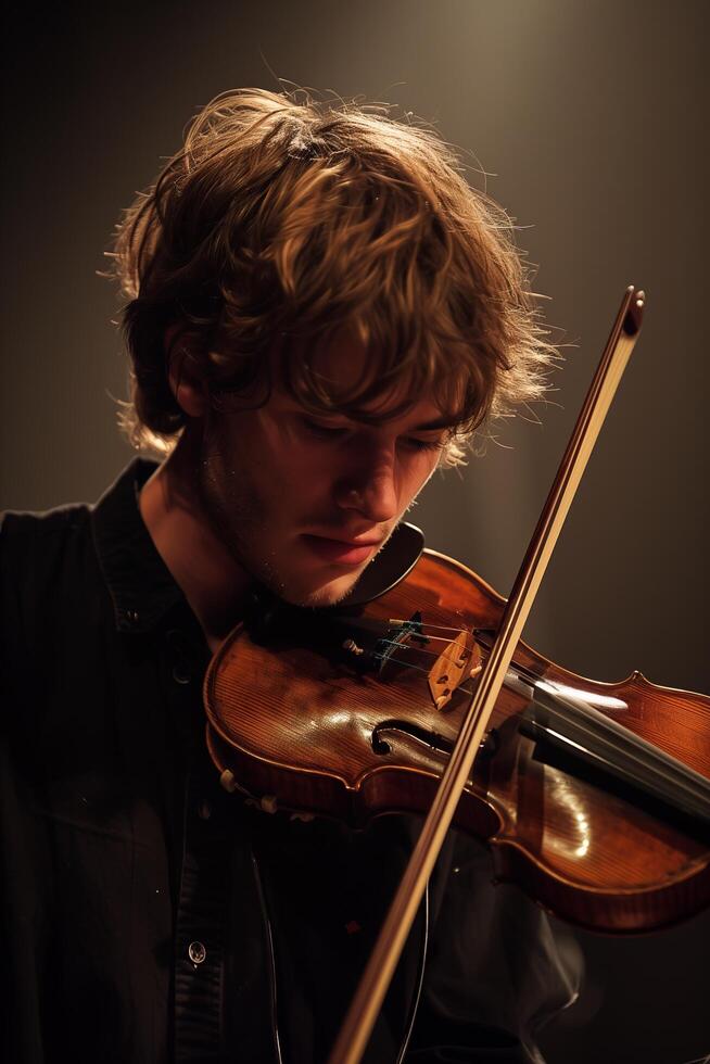 A man playing the violin in a dark room photo