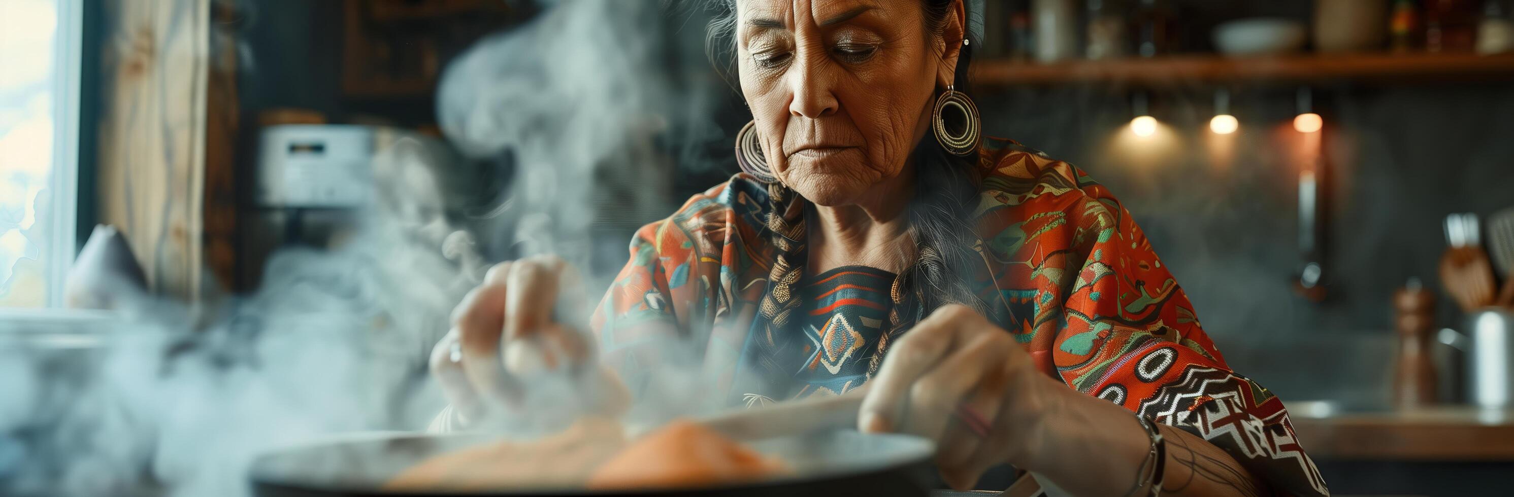 An older woman cooking in a kitchen with smoke coming out of the stove photo