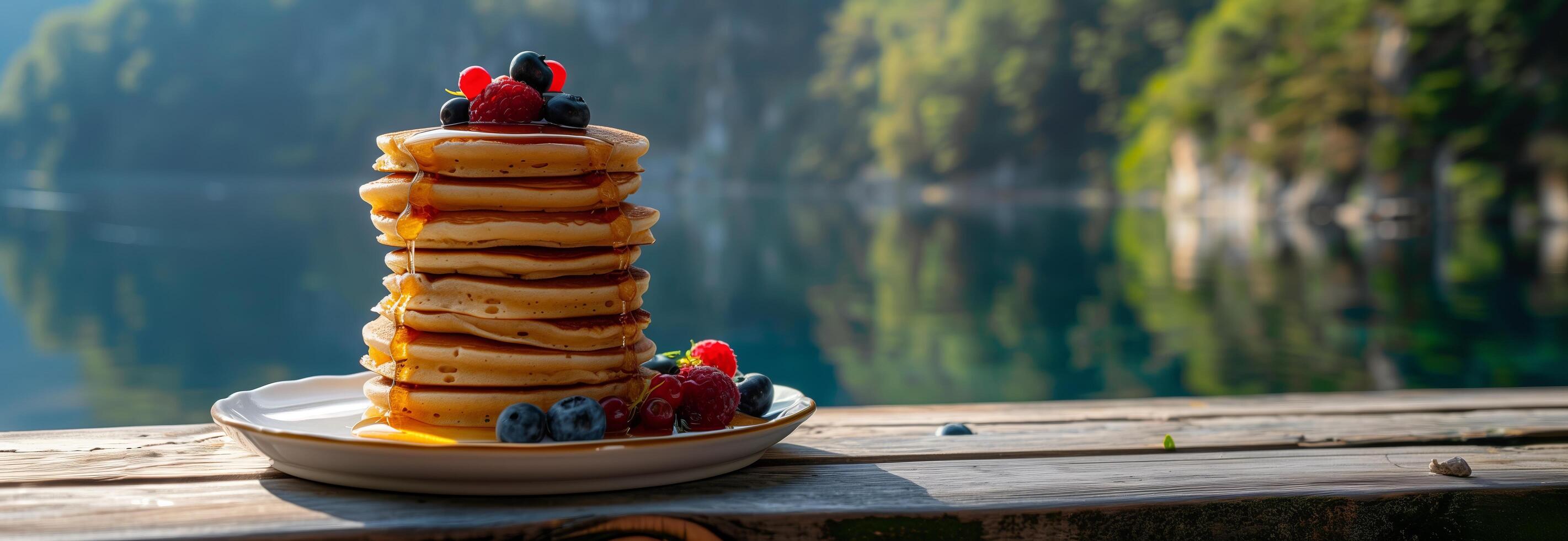 A stack of pancakes on a table photo