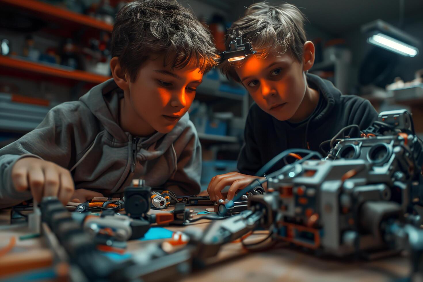 Two boys working on a robot in a workshop photo