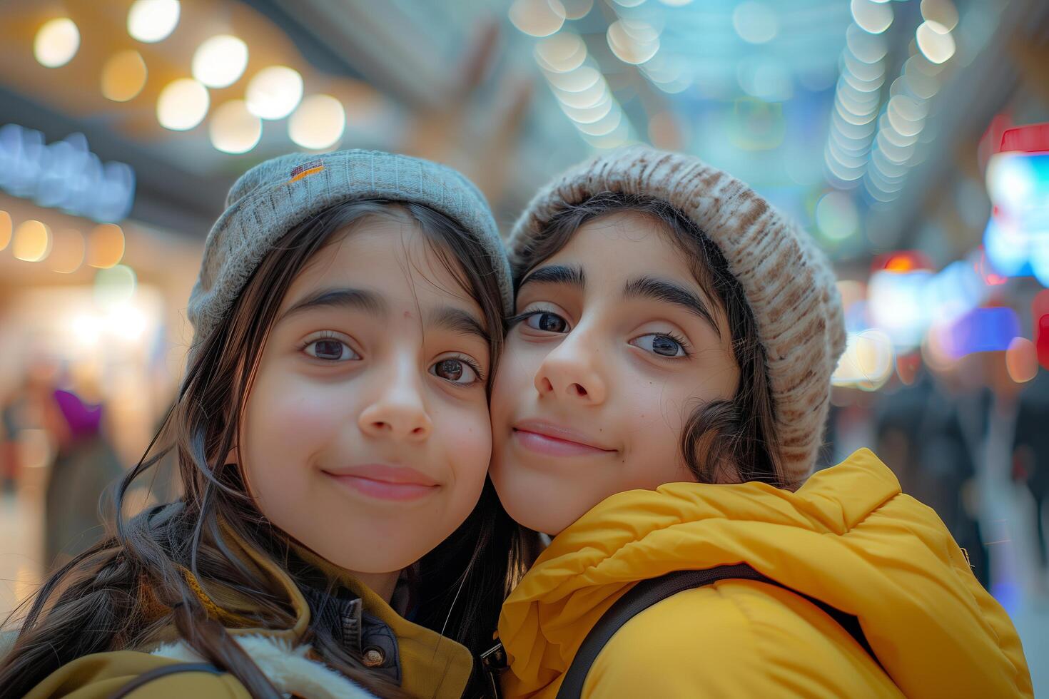 Two young girls pose for a photo in a mall