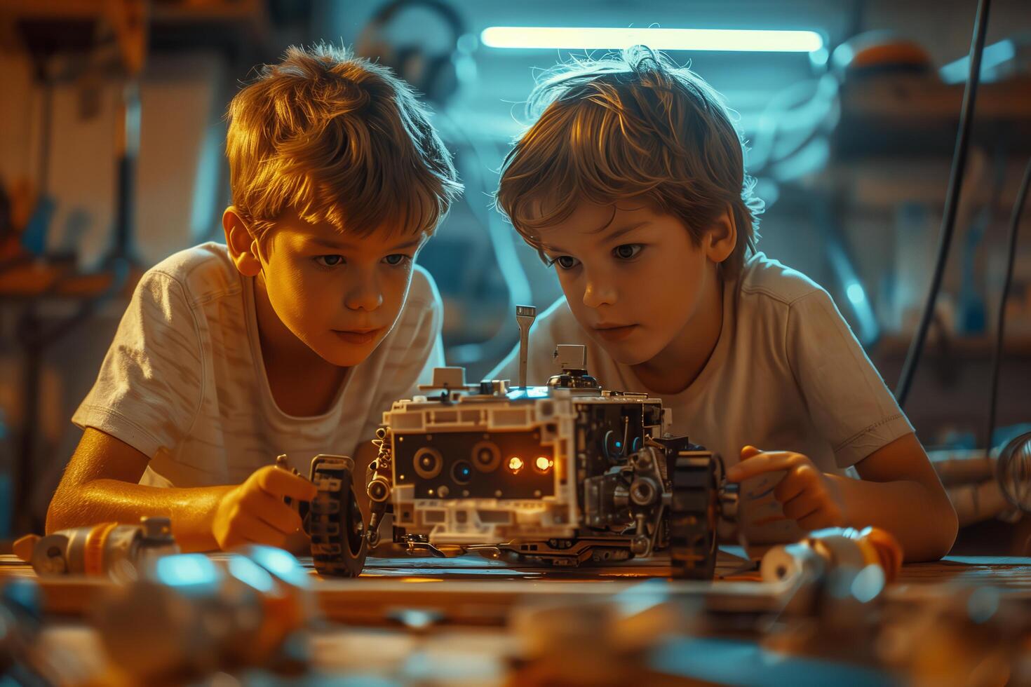 Two boys playing with a robot in a workshop photo