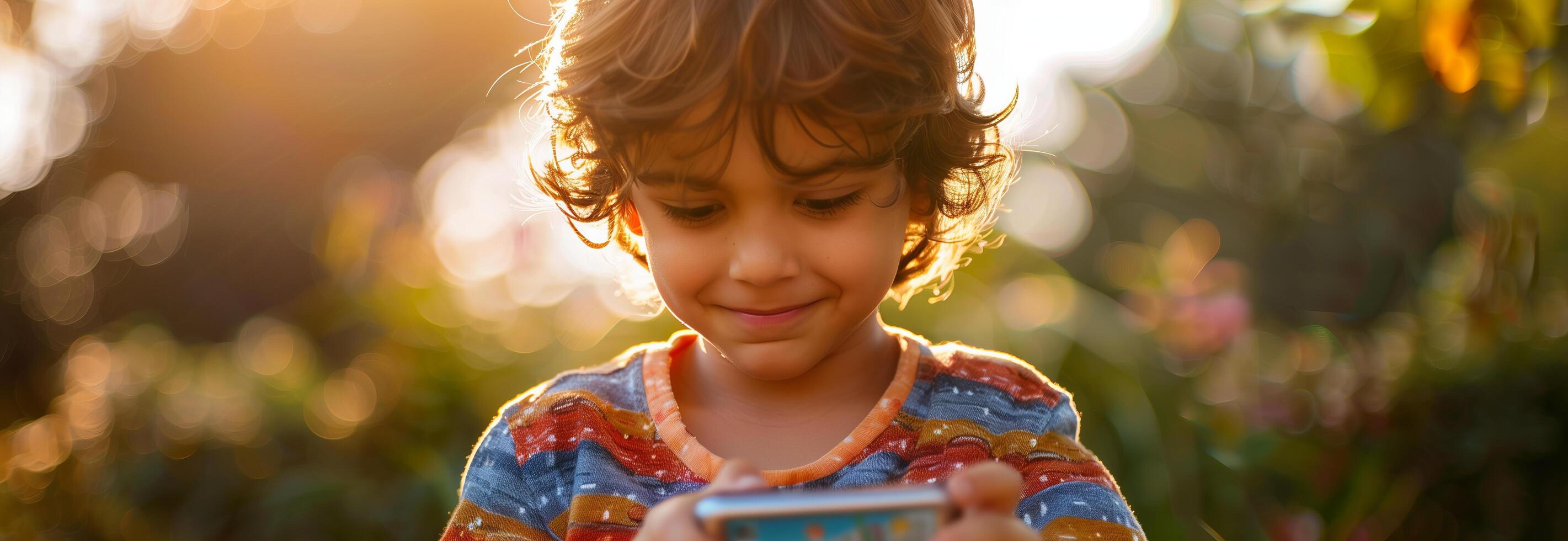A young boy is holding a cell phone photo