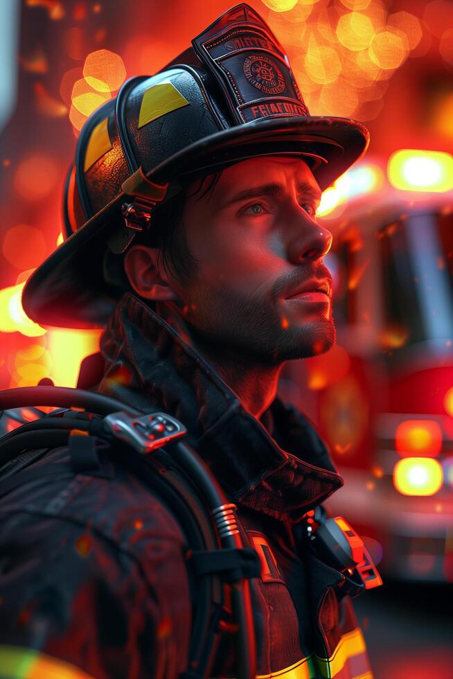 A fireman is standing in front of a fire truck photo