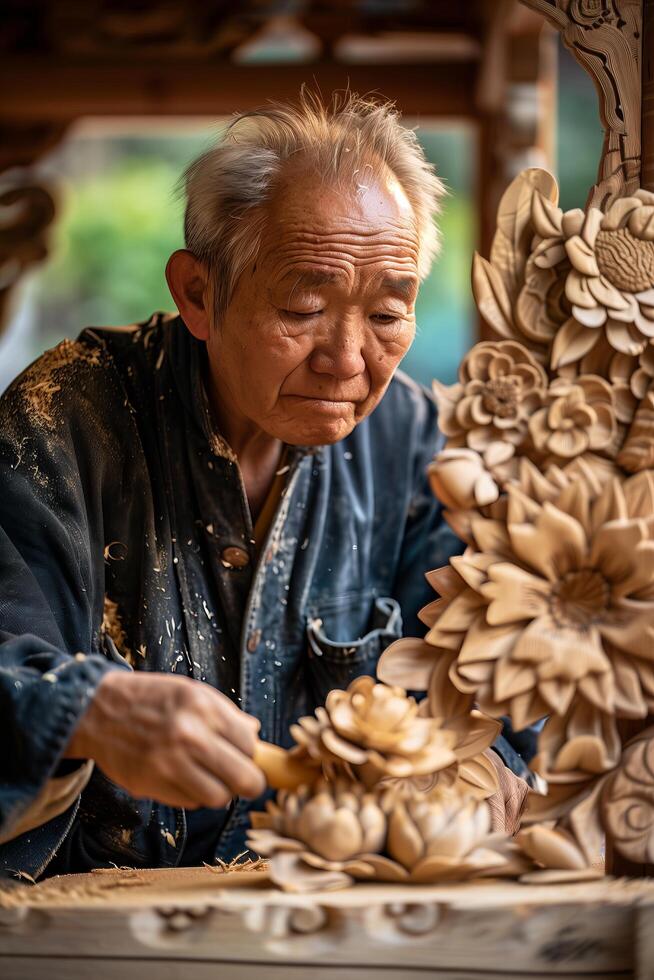 An old man is carving wood into a flower photo