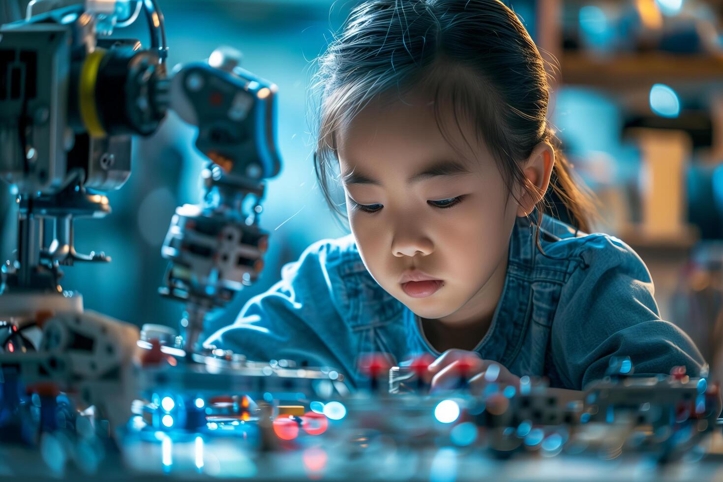 A young girl is working on a robot photo