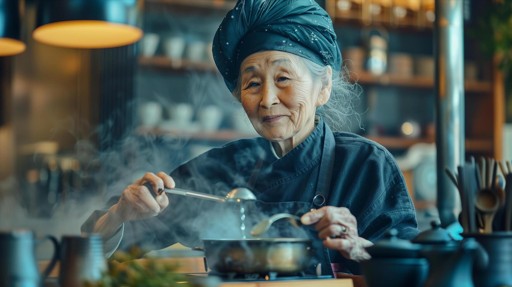 An elderly woman in a black hat is cooking food photo
