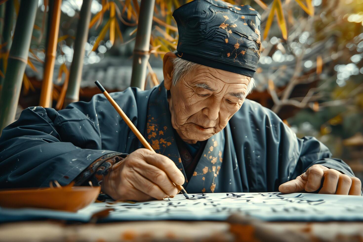 An old man in a traditional chinese outfit is writing on a piece of paper photo
