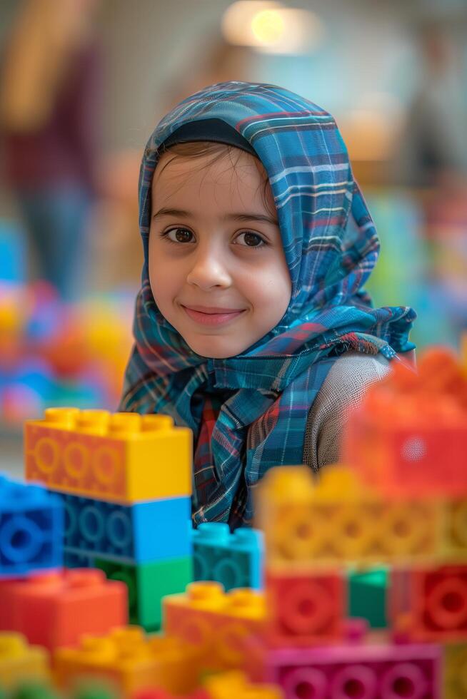 A young girl smiles while playing with legos photo