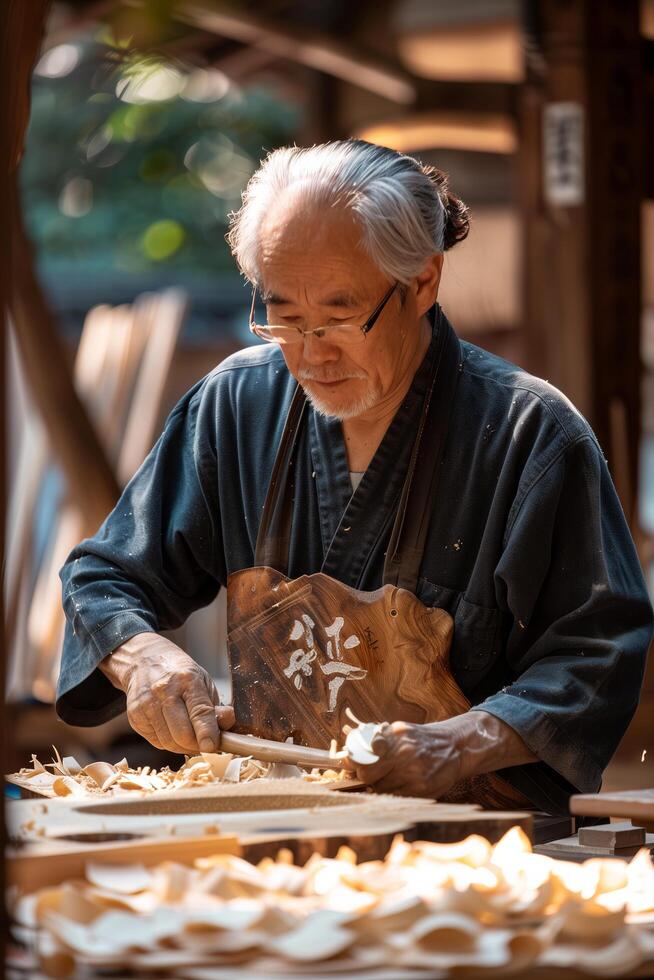 An older man is making food in a japanese style photo