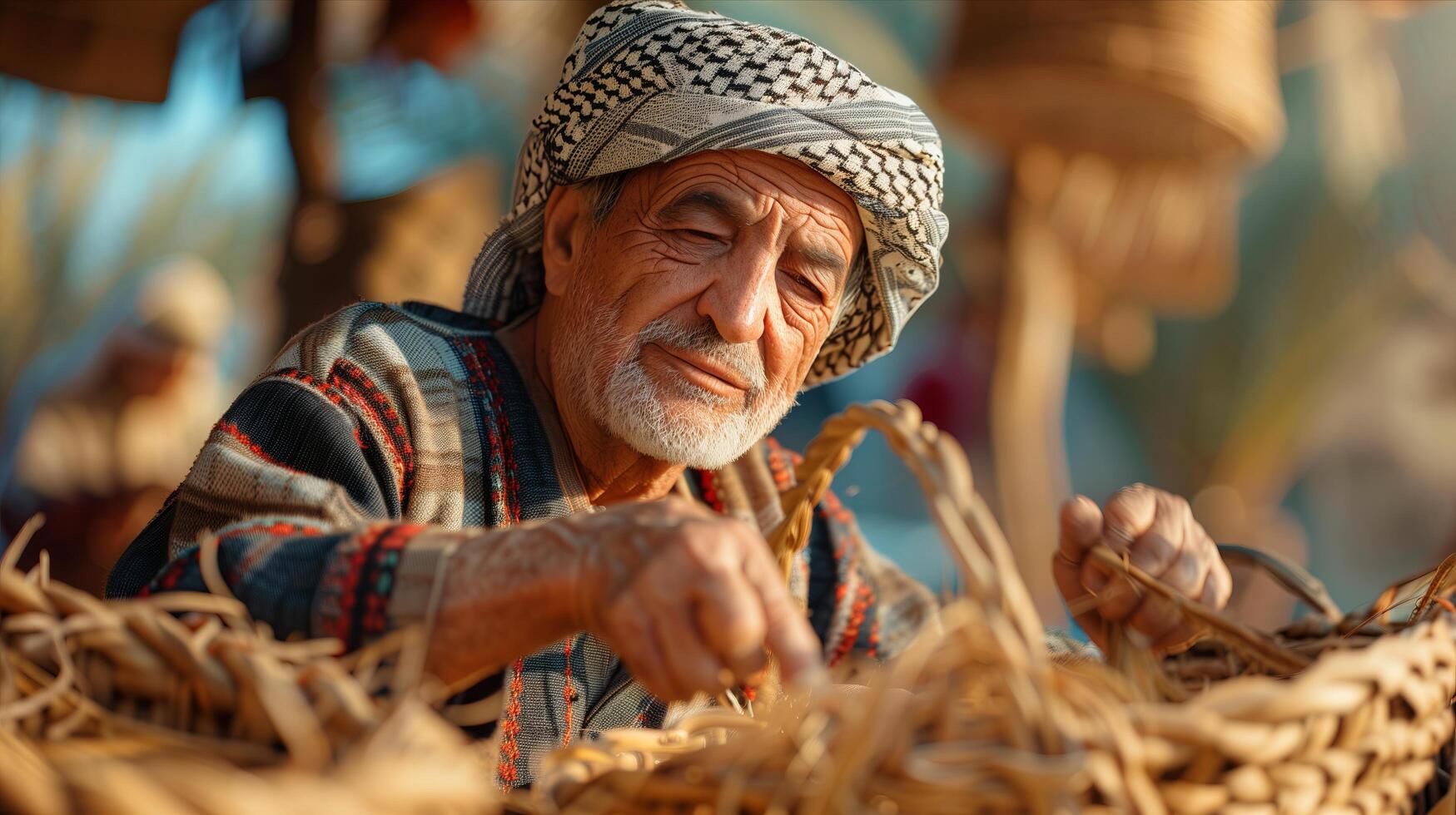 An old man is making baskets with straw photo