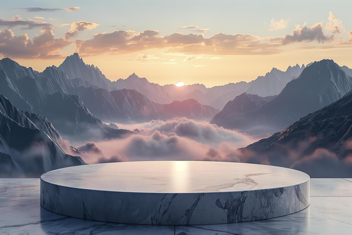 A marble pedestal in front of a mountain range photo
