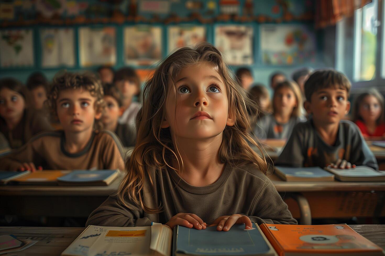 A young girl sitting at a desk in front of a classroom photo