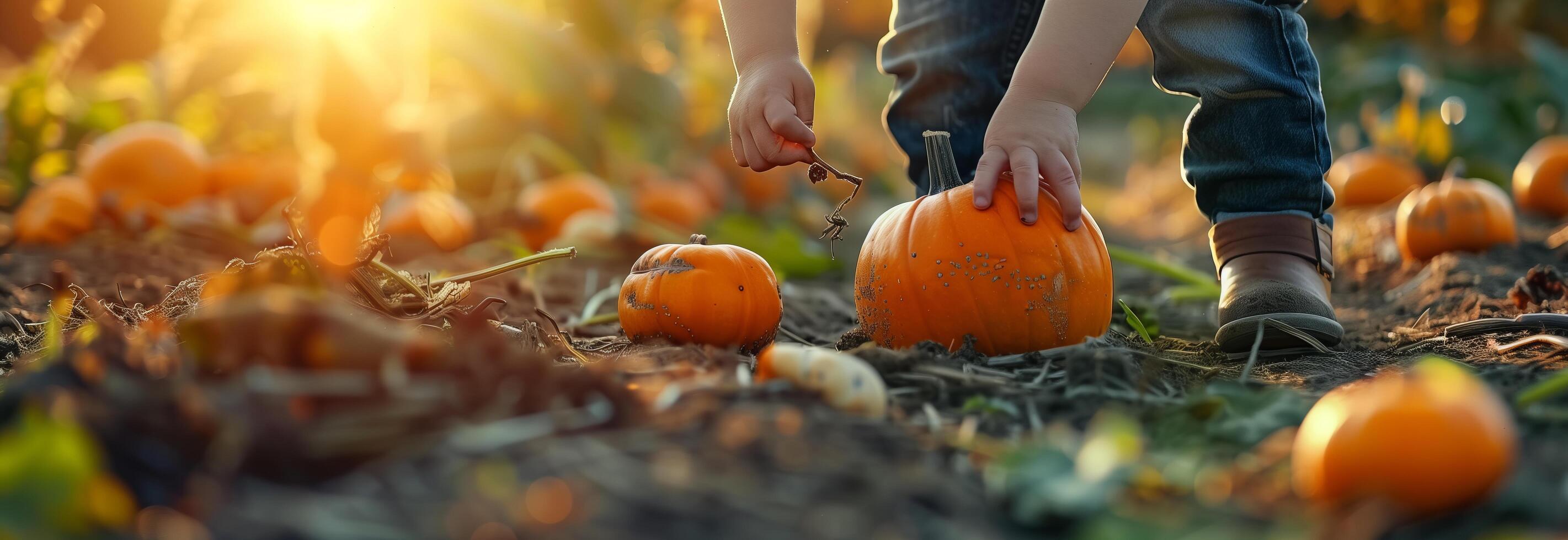 A child picking up a pumpkin in a field photo