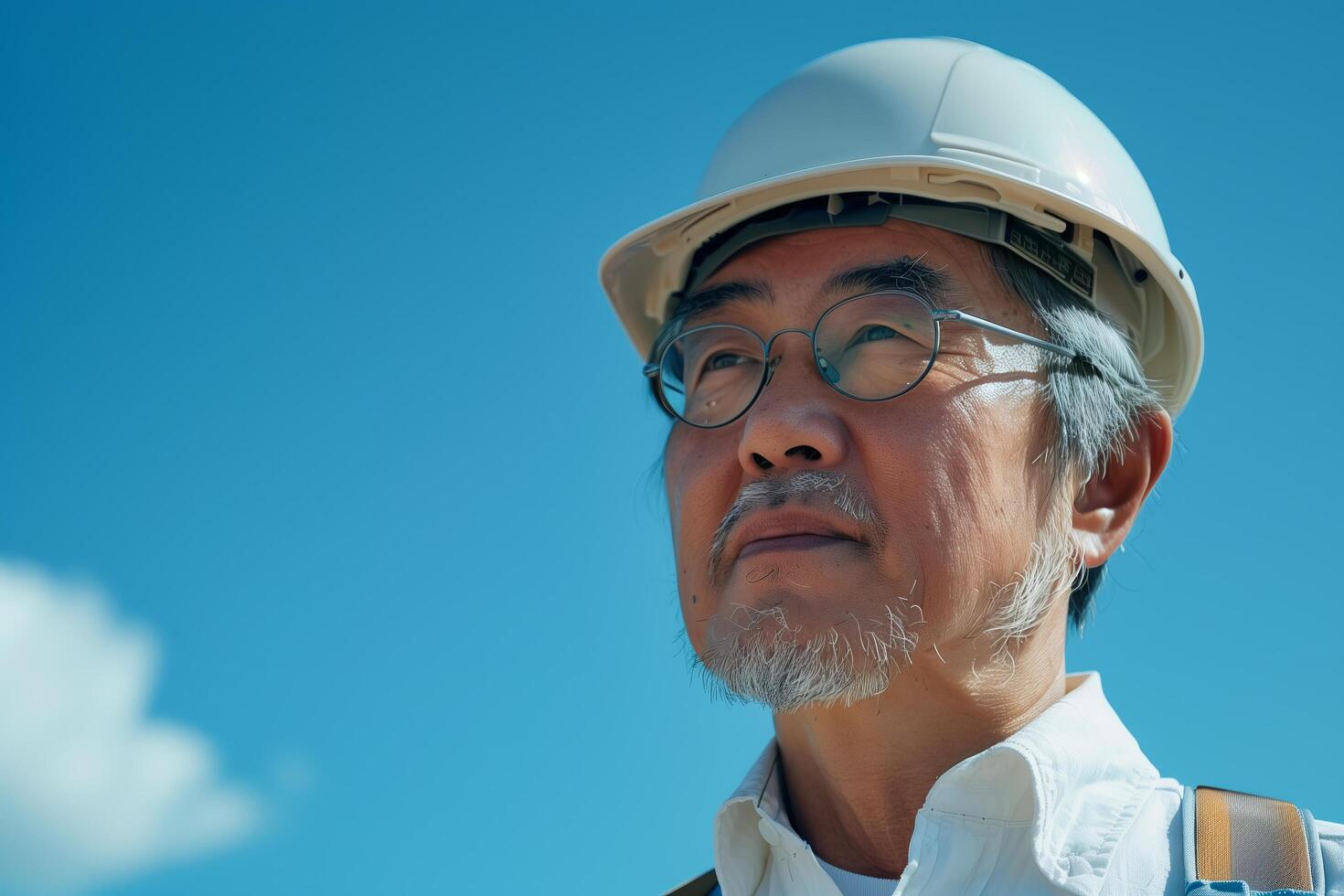 An asian man wearing a hard hat and glasses photo