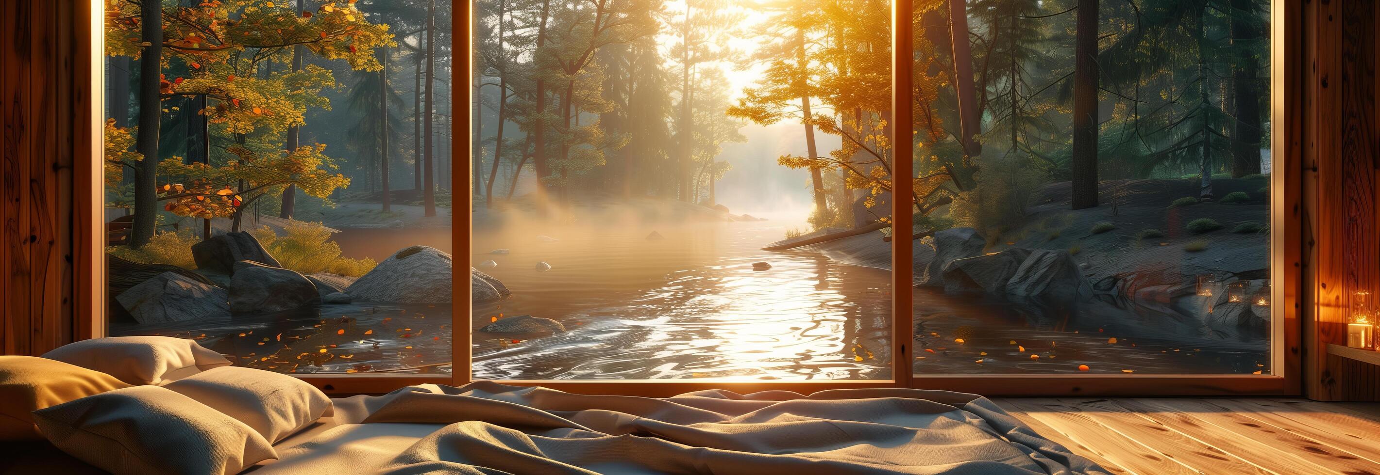 A bed with a window overlooking a river photo