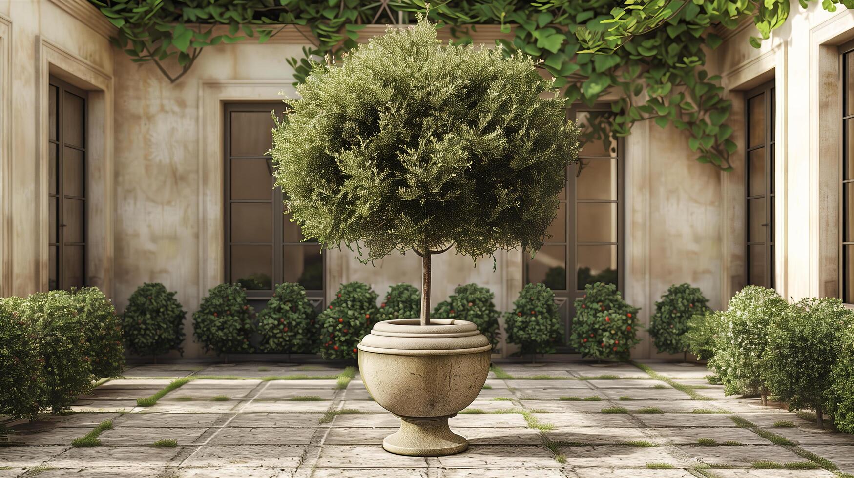 A large tree in a pot on a patio photo