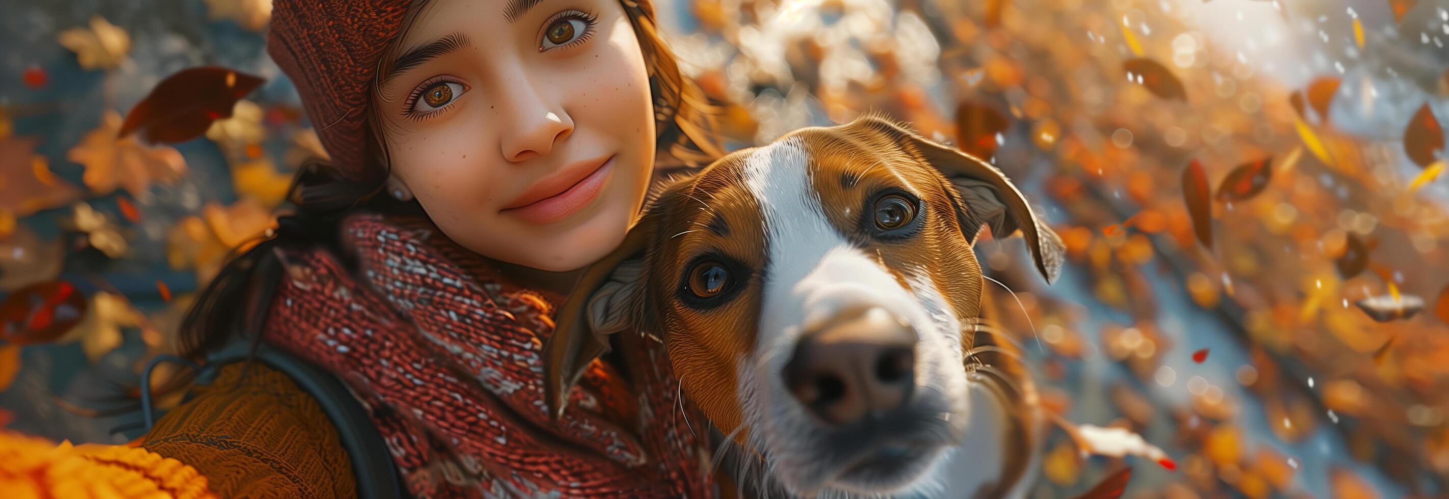 A girl and her dog are taking a selfie photo