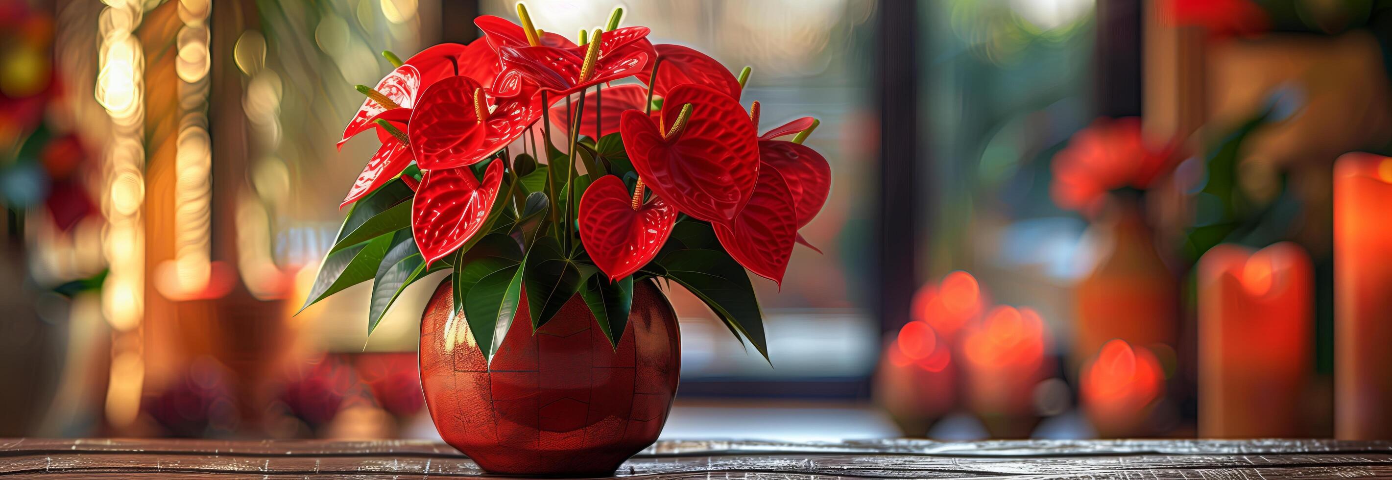 A vase of red flowers sitting on a table photo