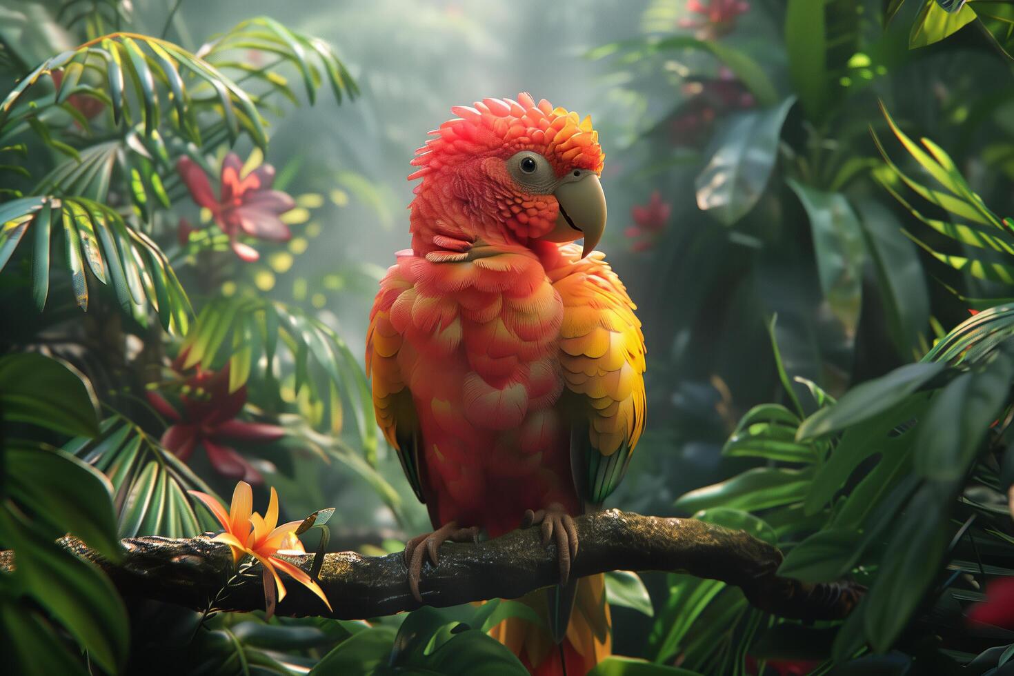 A colorful parrot sits on a branch in the jungle photo