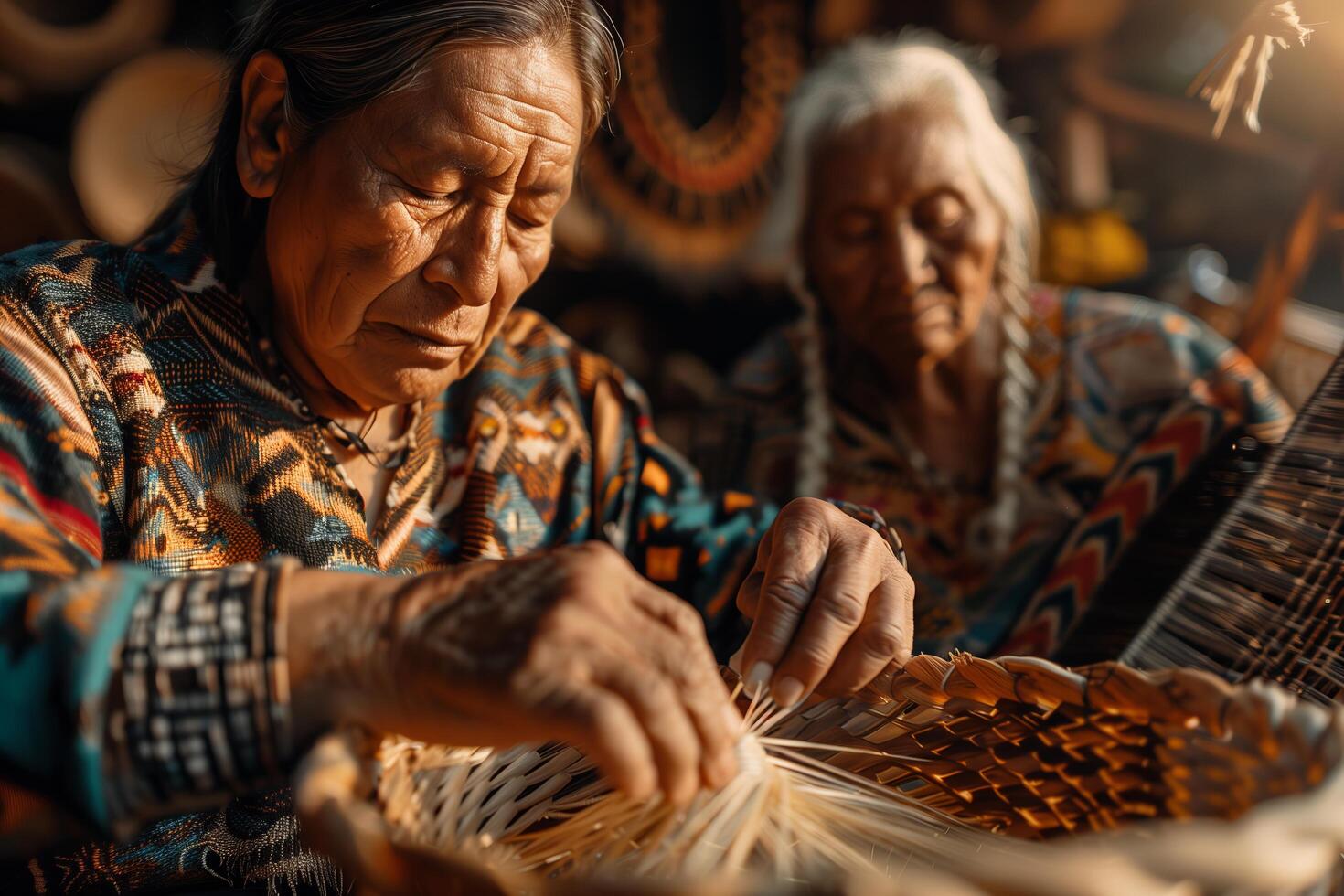 Two people are making baskets in a room photo