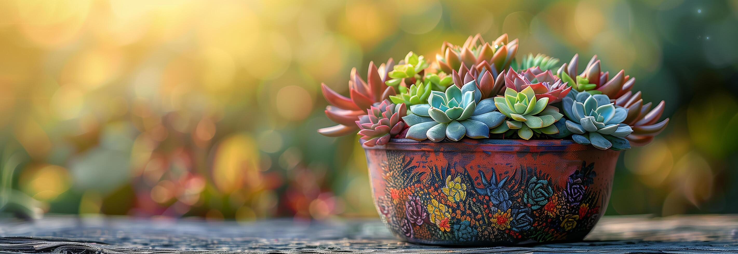 A colorful pot with succulents on a wooden table photo