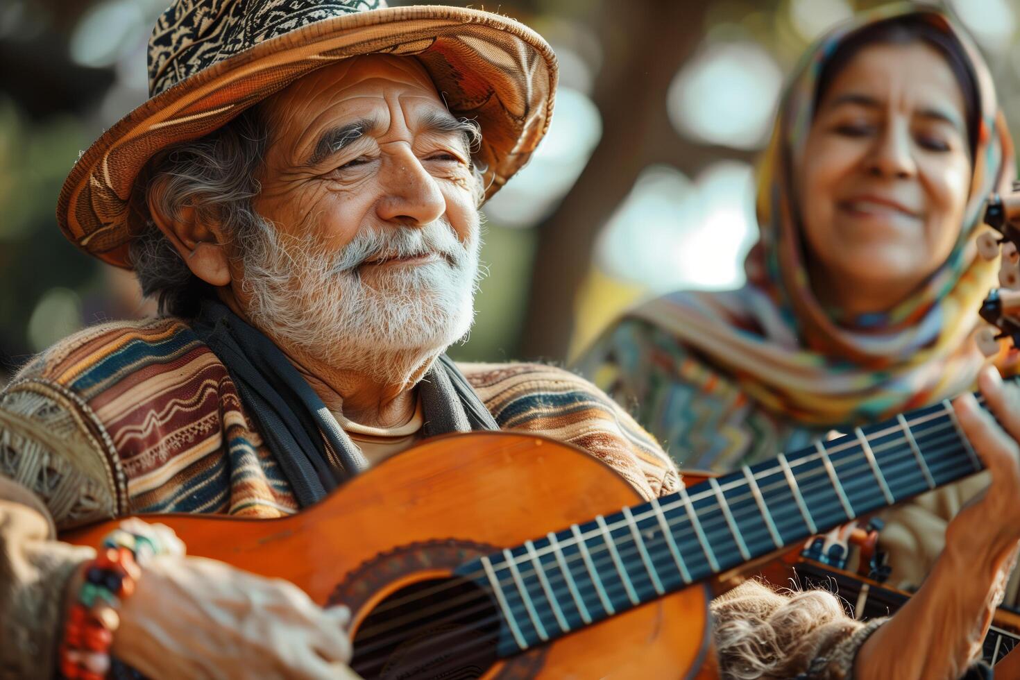 An elderly man playing an acoustic guitar with a woman photo