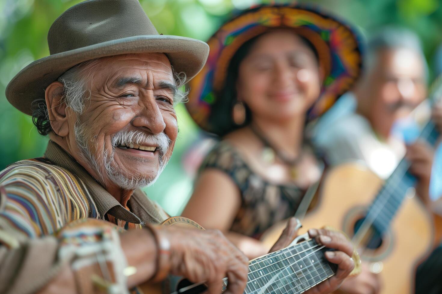 An old man playing a guitar with other people photo