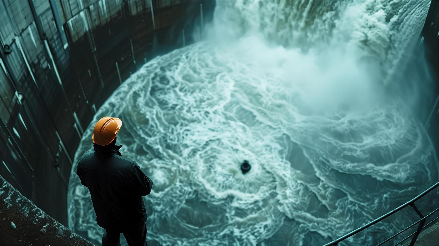 A man in a hard hat standing in front of a large waterfall photo