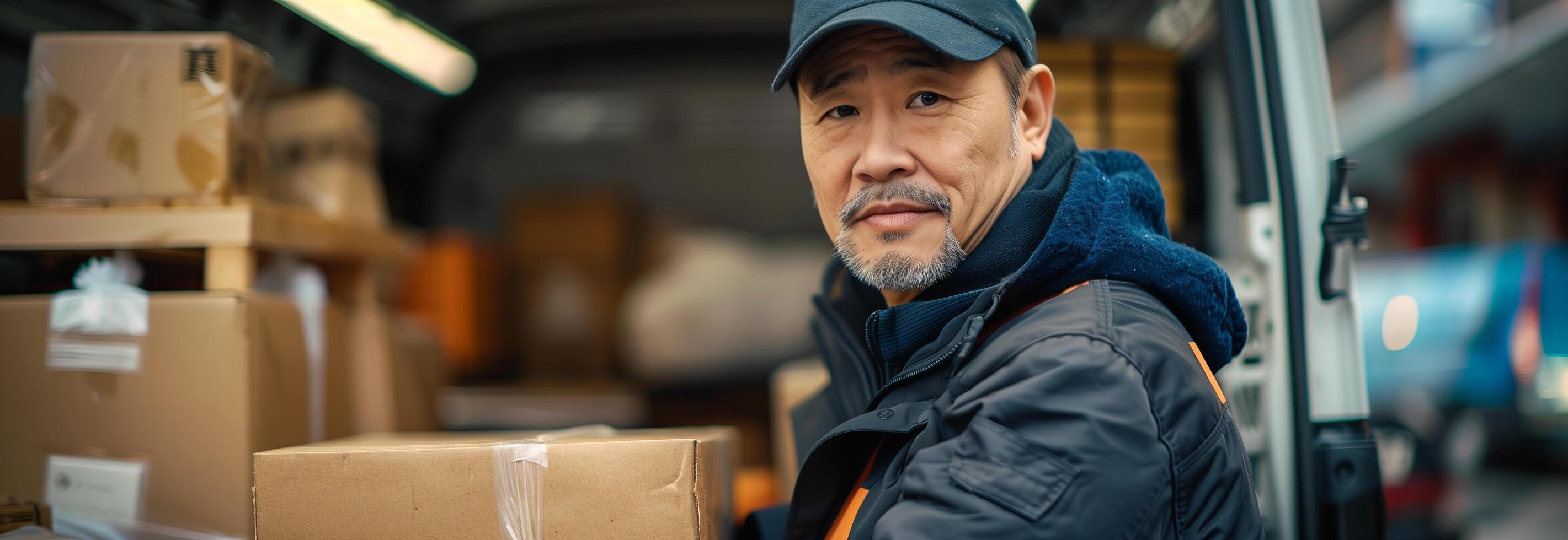 A man in a black jacket and hat is holding a box photo