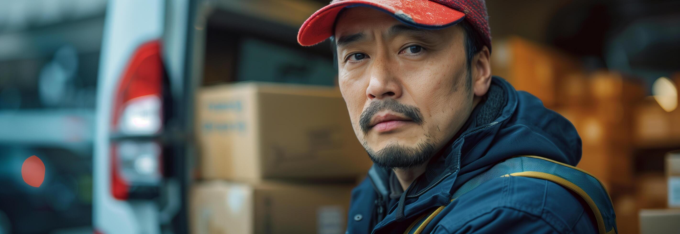 A man in a red cap and jacket standing in front of a truck photo