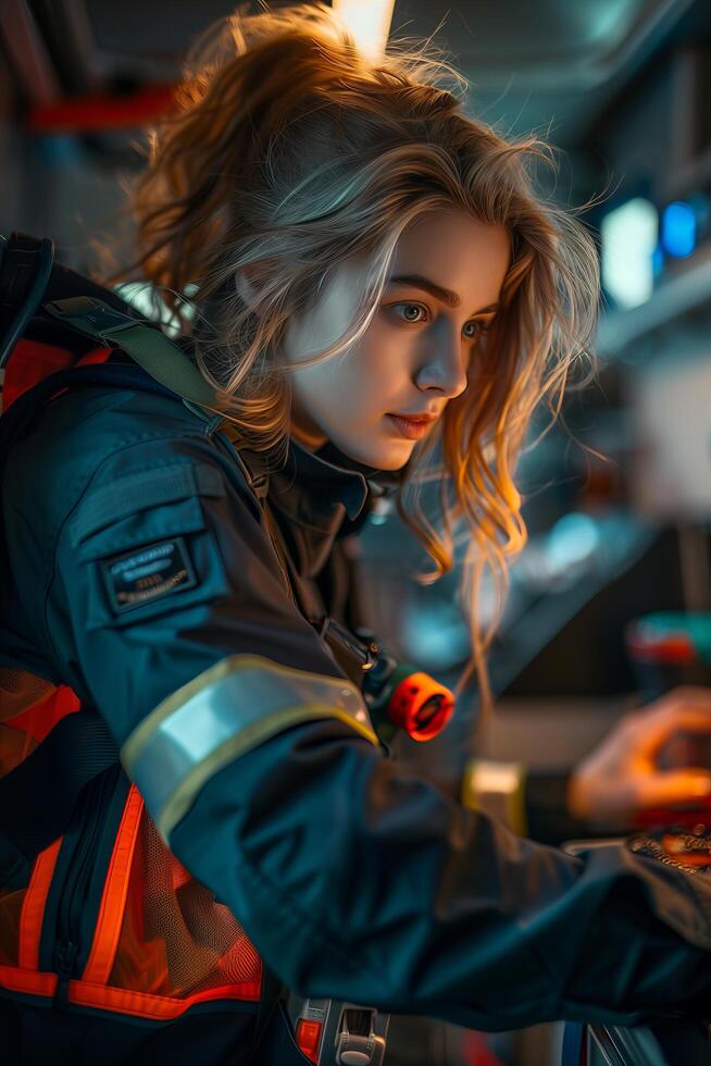 A woman in a fire suit is working on a computer photo