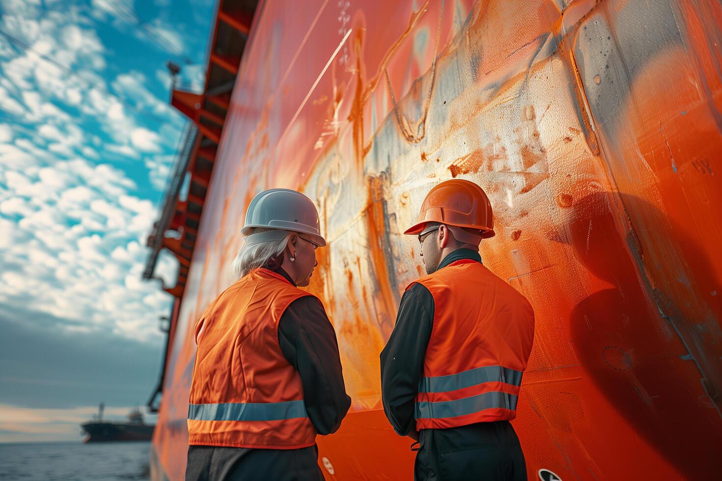Two men in hard hats standing on the side of a ship photo