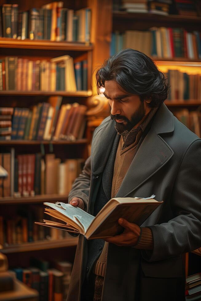 A man with long hair and beard reading a book in a library photo